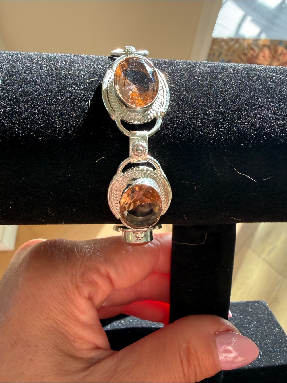 Silver-Tone Peach Morganite Sterling Silver Oval Link Bracelet